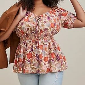 Torrid Georgette Eyelet Smocked Waist Puff Sleeve Top